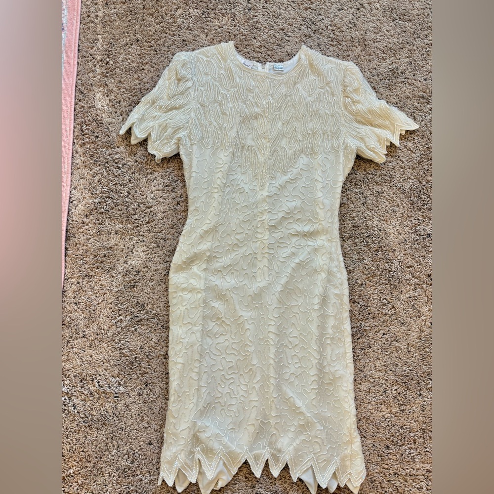 Vintage Beaded Laurence Kazar Cream Mini Dress